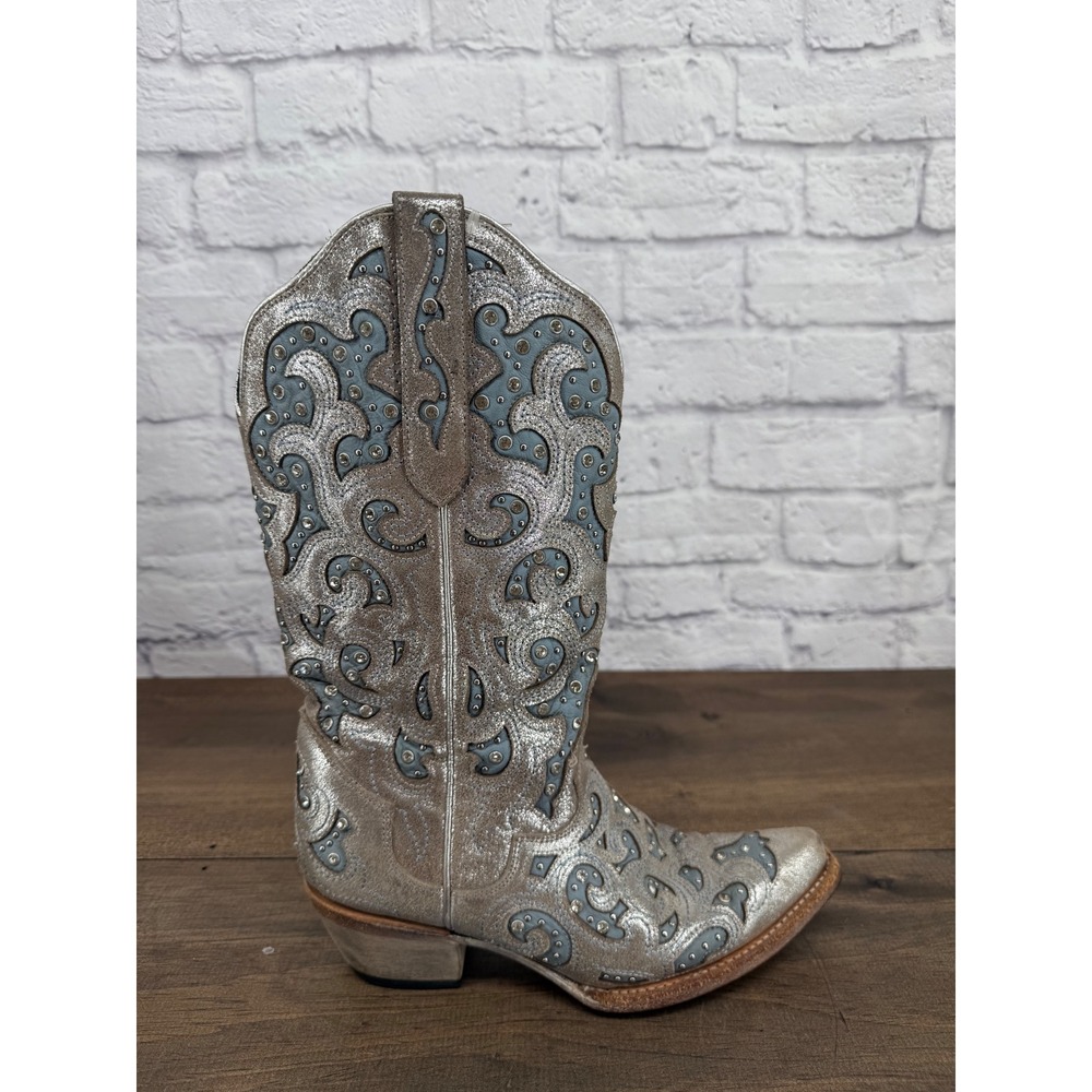 J.B. Dillon Bellflower Women's 8B Silver Leather Western Boots Blue Rhinestone - Picture 13 of 15